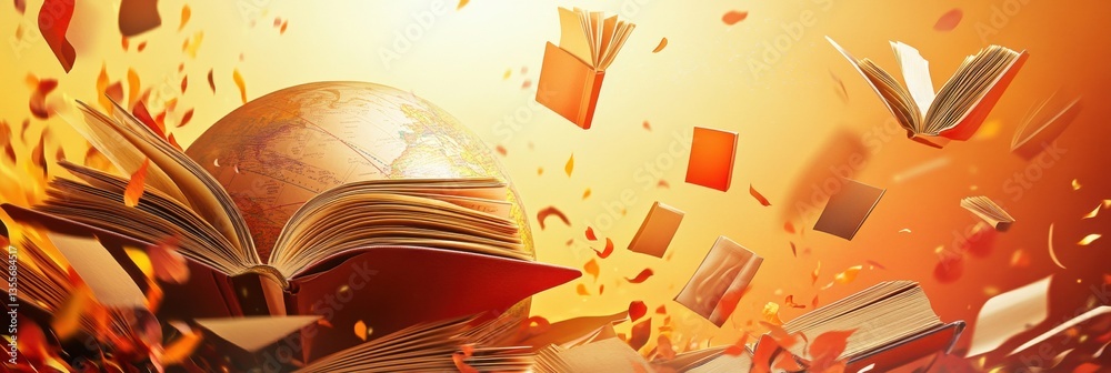 Aufkleber creative educational background featuring a layered paper globe and flying books with warm inspiring