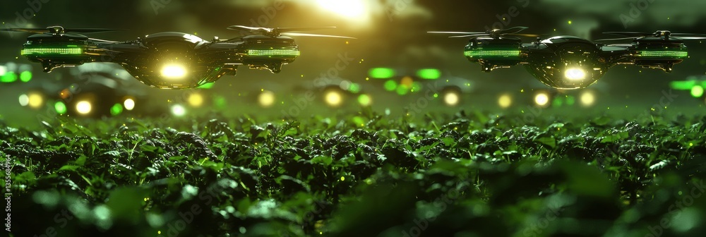 Aufkleber Futuristic drones scanning crops over green agricultural fields at dusk with glowing sensors and advanced technology