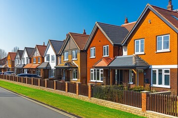 Obraz premium Row of modern, welcoming UK houses with red brick walls, neutral tones, clay or gray tiled roofs, large windows, lush green grass, and a parked car.