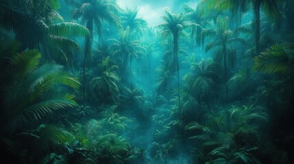 Fototapeta premium Misty jungle path, lush foliage, tropical forest, adventure background