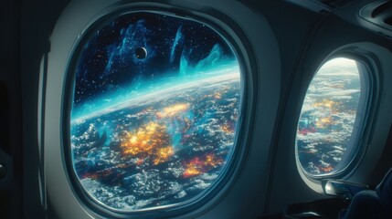 Naklejka premium Alien Invasion Viewed from Spaceship Window.