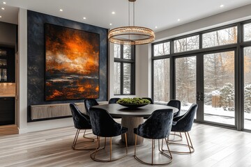  Luxury dining room with round table, velvet chairs, modern chandelier, abstract painting, white oak floor, and moss bowl centerpiece. Bright natural light.