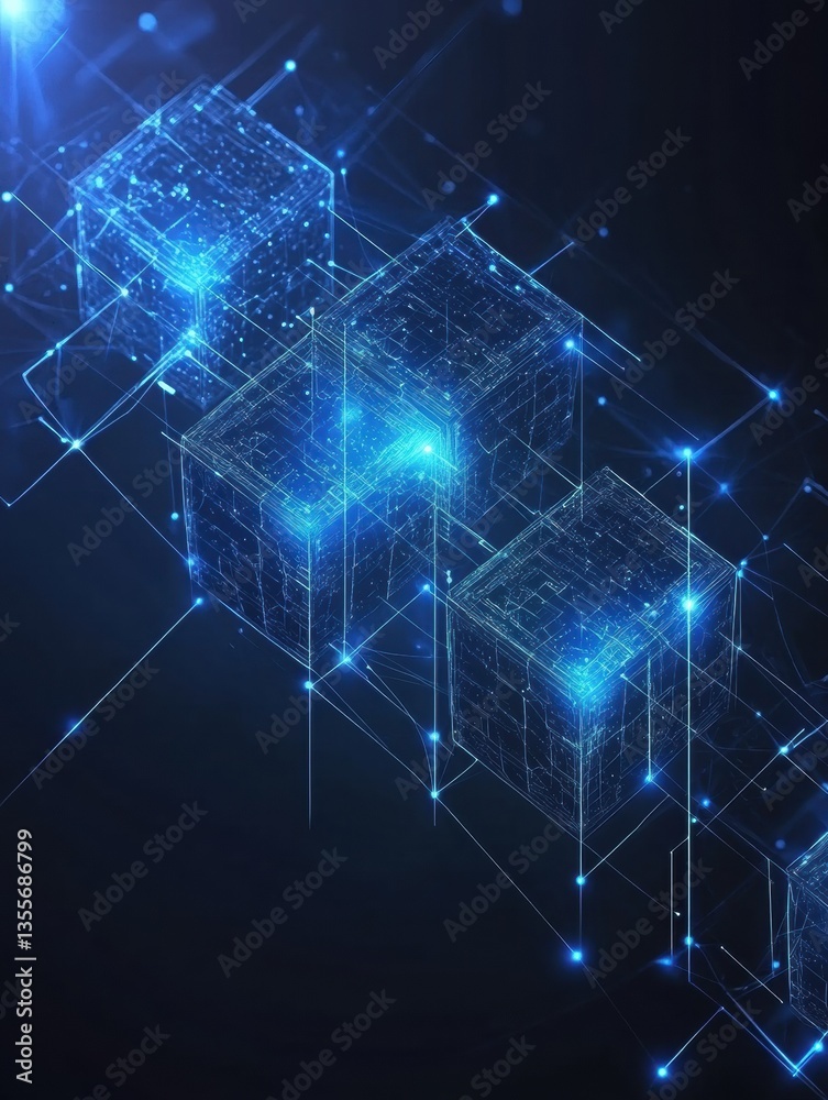 Poster High-tech representation of a blockchain concept with layered paper cut style elements, interconnected nodes glowing in blue, emphasizing a digital future