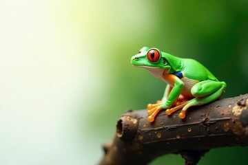 Green tree frog perched on white, vibrant color , skin, closeup, amphibian