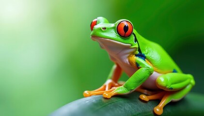 Green tree frog, perched on white, vibrant colors , reptile, studio, tropical