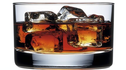 Glass of Whiskey with Ice Cubes in a Clear Glass on a Reflective Surface for a Stylish Beverage Experience