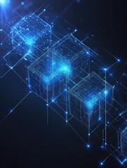 Obraz premium High-tech representation of a blockchain concept with layered paper cut style elements, interconnected nodes glowing in blue, emphasizing a digital future