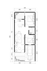 2 dimension floor plan house 63 meter square design with furniture layout isolated lines black on white background. 2