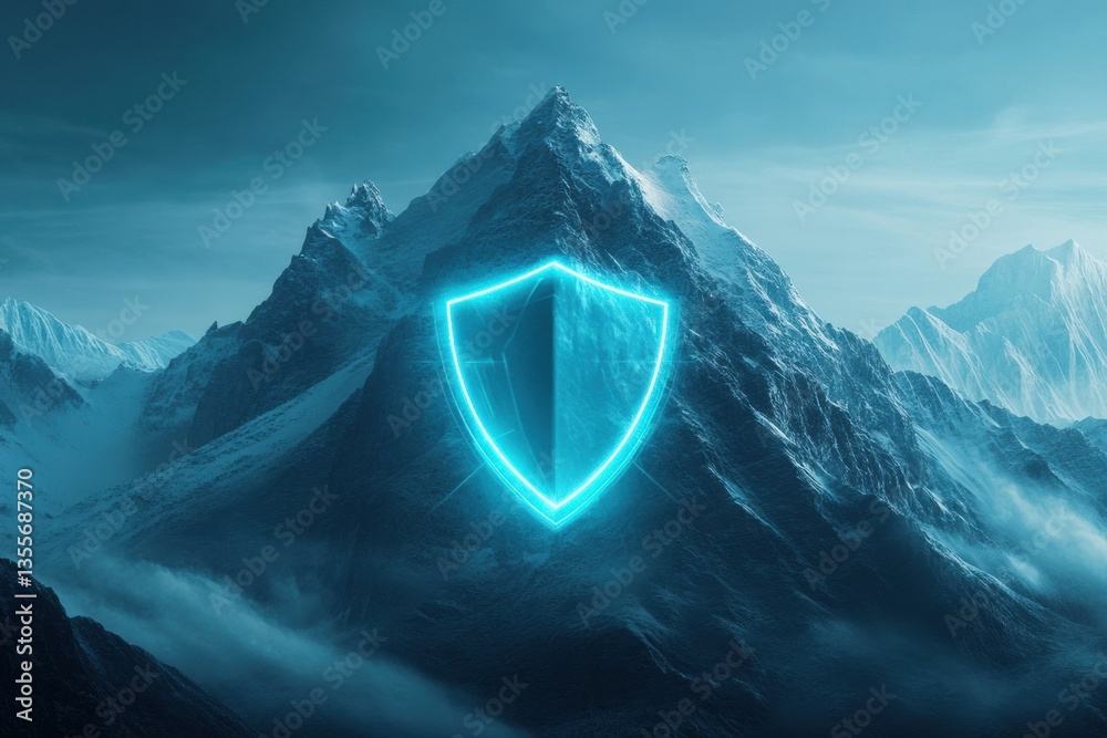 Aufkleber Futuristic security concept features glowing shield symbol against a serene mountain backdrop with soft neon lights