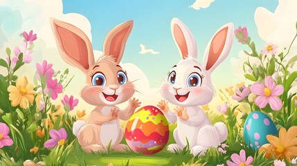 Adorable Cartoon Rabbits Celebrating Easter with a Colorful Easter Egg Hunt
