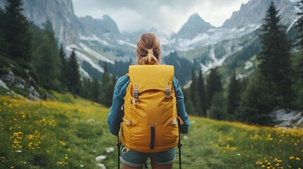 Naklejka premium A lone female hiker with a yellow backpack admires a breathtaking mountain vista filled with wildflowers on a scenic trail.