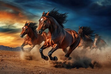 Wild mustangs charge across prairie at sunset under dramatic skies