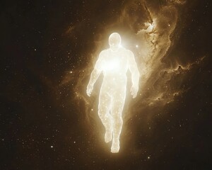 Glowing Figure Ascending in Nebula. Luminescent body floats toward the cosmos, surrounded by swirling interstellar dust. Ethereal and mystical depiction