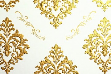 Intricate floral damask pattern in elegant gold and white , print, damask