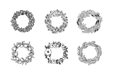 花リース6種セット,花,ハーブ,リース,アンティーク,Set of 6 Hand-drawn Antique Style Floral Wreath ; Flowers, Botanical, Vintage, Nature, Rustic Design