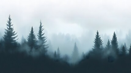 Fototapeta premium Serene Foggy Pine Forest: Natural Vegetation Outdoors Captured in a Mystical Setting