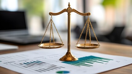 A golden scale of justice rests on documents with financial charts symbolizing legal proceedings and balanced decisions.