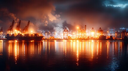 Fototapeta premium Vibrant night scene at a busy shipping port in the city industrial photography urban environment