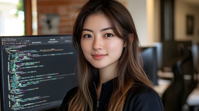 A young Asian female software engineer smiles confidently while working on computer code in a modern office setting.