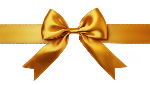 a shiny golden ribbon bow is elegantly displayed on a smooth surface perfect for gift wrapping or decorative purposes the bow features two long tails that enhance its festive appearance