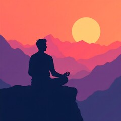 The silhouette of a man from afar, sitting in a lotus pose on the edge of the mountain