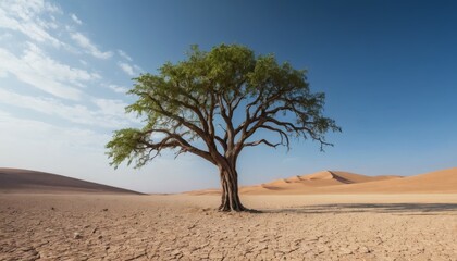 Lone Tree in Desert Landscape Under Blue Sky with Sand Dunes Nature Photography