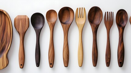 A collection of handcrafted wooden spoons forks and serving utensils arranged neatly on a white background showcasing their natural beauty and