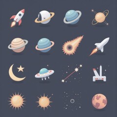 Space Icons Set: Planets, Rockets, Stars & UFOs Vector Illustration