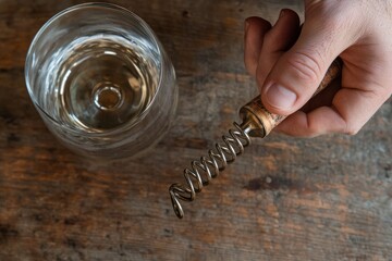 Person opening wine with corkscrew on wooden table