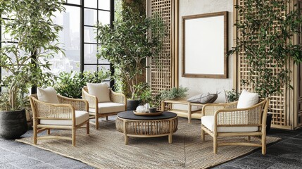 Fototapeta premium Contemporary Indoor Living Space with Rattan Furniture and Abundant Greenery in Modern Design