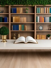 Cozy Home Office with Open Book and Colorful Bookshelf Decor