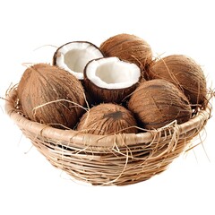 a rustic woven basket with full of coconuts 