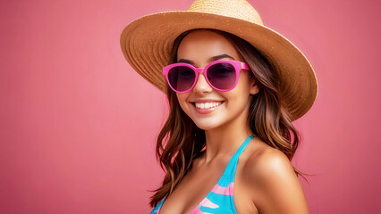 Portrait of a female with straw hat and sunglasses in abstract pink background