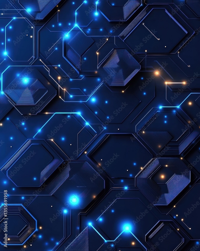 Poster Explore a high-tech blockchain concept with interconnected nodes in a futuristic layered paper cut style featuring glowing blue elements Generative AI