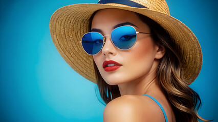 Portrait of a female with straw hat and sunglasses in abstract blue background