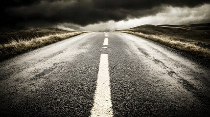 Lonely Rain-Slicked Road Under Dramatic Stormy Skies with Dark Clouds and Light Reflections