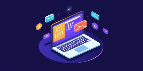 Naklejka premium Laptop display with messaging, emailing, in a graphic isometric style on a dark background