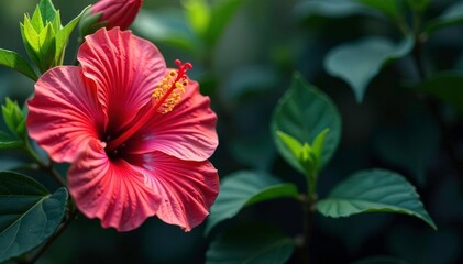 Intricate hibiscus blossoms, vibrant petals, lush leaves , blossom, floral