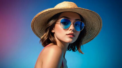 Portrait of a female with straw hat and sunglasses in abstract blue background
