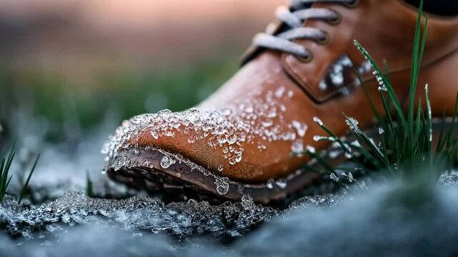 A close-up of a brown boot stepping on melting snow, with fresh green grass emerging in the background. The scene symbolizes the transition from winter to spring