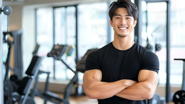 日本人 男性 ムキムキ 筋肉 パーソナル トレーナー スマイル ジム バストショット 黒 灰色 白 背景