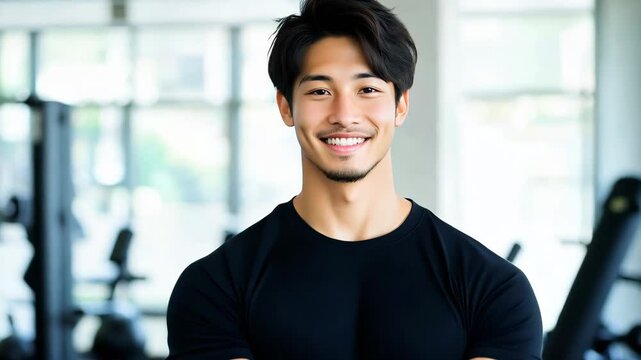 日本人 男性 ムキムキ 筋肉 パーソナル トレーナー スマイル ジム バストショット 黒 灰色 白 背景