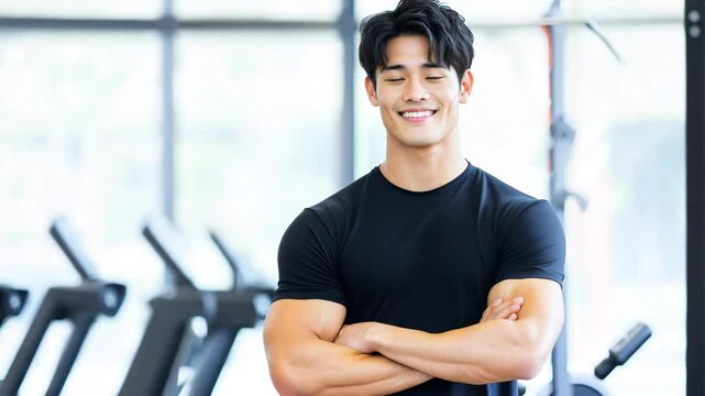 日本人 男性 ムキムキ 筋肉 パーソナル トレーナー スマイル ジム バストショット 黒 灰色 白 背景
