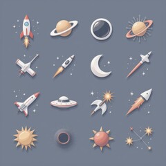 Naklejka premium Space Icons Set: Planets, Rockets, Sun, Moon, UFO and Stars Vector Illustration for Kids and Graphic Design.