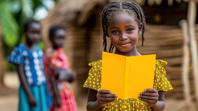 African Girl Holds Book with Village Education Hope.