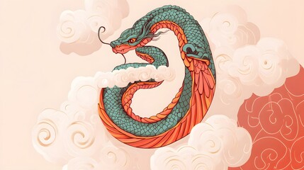 Obraz premium Asian Style Painting of Mystical Snake with Clouds - Intriguing and Artistic Image for Design Projects