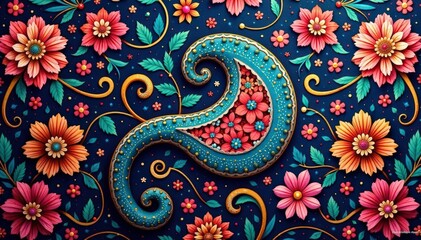 Intricate swirling floral paisley pattern on fabric, black, copper