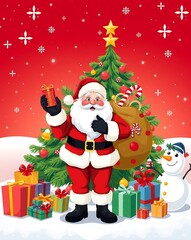 Santa Claus with Gifts, Christmas Celebration Scene, Festive Holiday Illustration, Merry Christmas Vector - Santa with Presents and Holiday Decorations, Christmas Cheer Santa Claus Holding Background