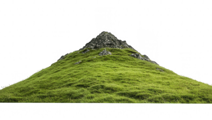 a small grassy hill with a rocky peak surrounded by a bright white background evokes a sense of tranquility and natural beauty