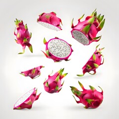 Vibrant dragon fruits levitating in mid-air isolated white background 